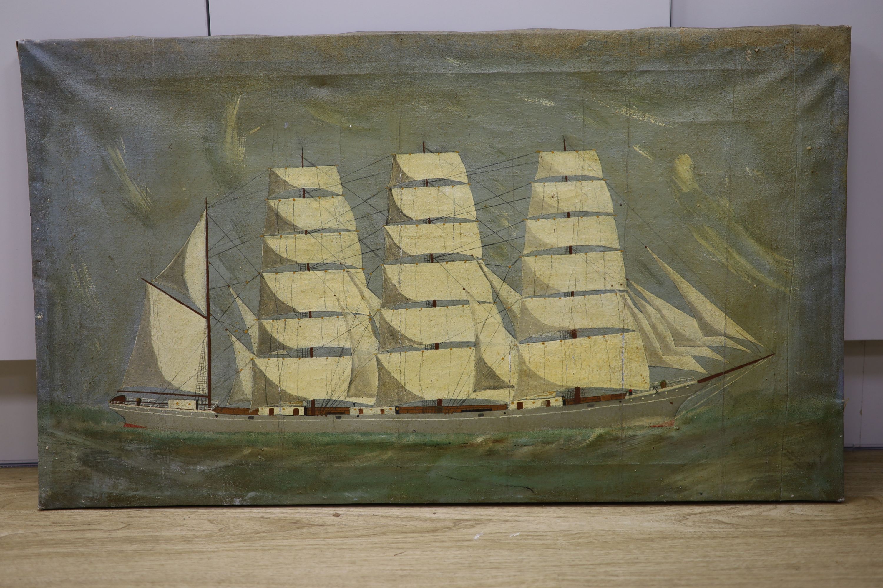 English Primitive School, oil on canvas, Clipper ship at sea, 51 x 88cm.